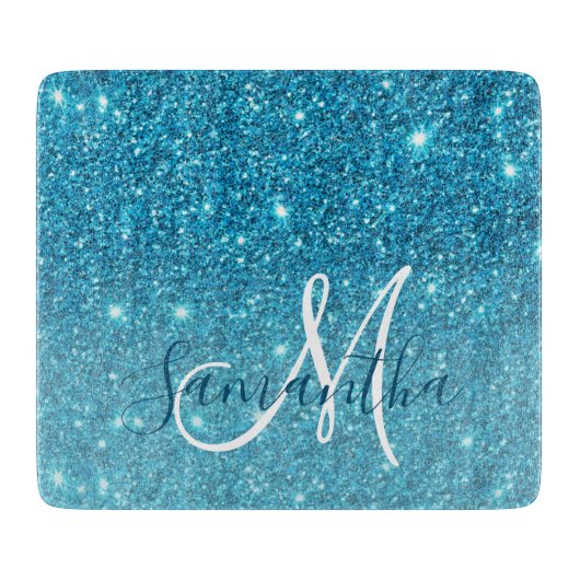 Modern Blue Glitter Sparkles Personalized Name Snijplank (Voorkant)