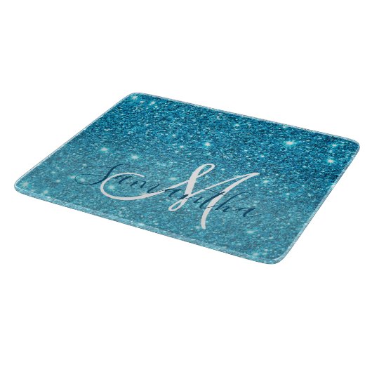 Modern Blue Glitter Sparkles Personalized Name Snijplank (Hoek)