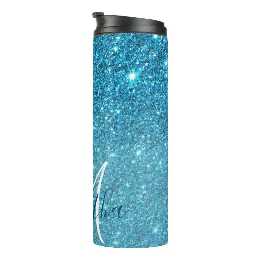 Modern Blue Glitter Sparkles Personalized Name Thermosbeker (Geroteerd rechts)