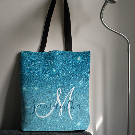 Modern Blue Glitter Sparkles Personalized Name Tote Bag