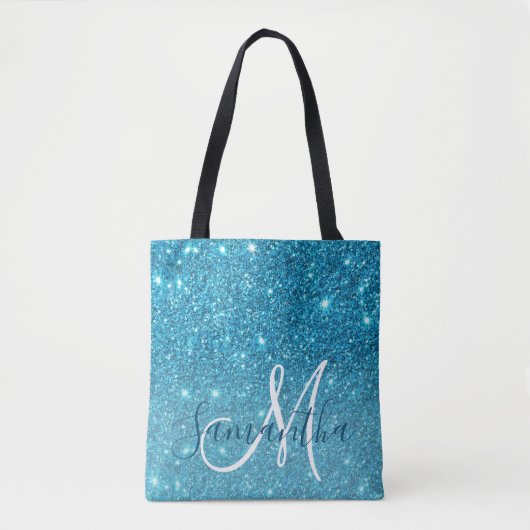 Modern Blue Glitter Sparkles Personalized Name Tote Bag (Voorkant)