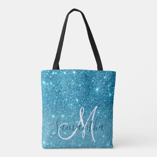 Modern Blue Glitter Sparkles Personalized Name Tote Bag (Achterkant)
