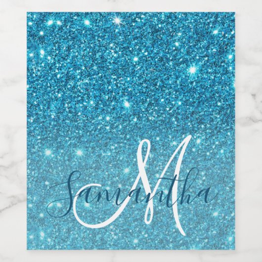 Modern Blue Glitter Sparkles Personalized Name Wijn Etiket (Enkel label)