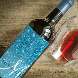 Modern Blue Glitter Sparkles Personalized Name Wijn Etiket