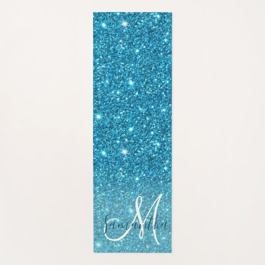 Modern Blue Glitter Sparkles Personalized Name Yogamat (Voorkant)
