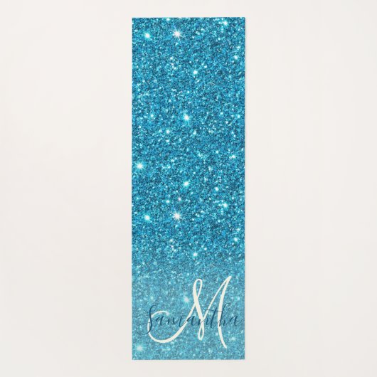 Modern Blue Glitter Sparkles Personalized Name Yogamat (Achterkant)