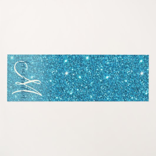 Modern Blue Glitter Sparkles Personalized Name Yogamat (Voorkant (horizontaal))