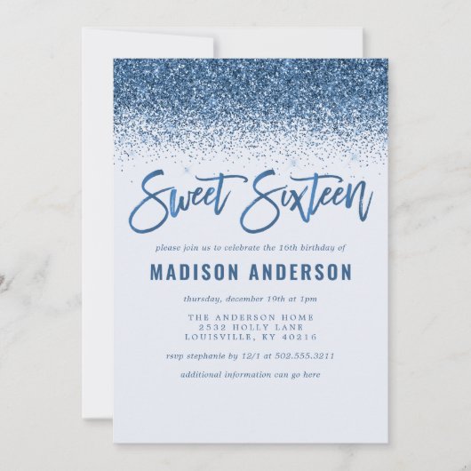 Modern Blue Glitter Sweet 16 Birthday Party Kaart (Voorkant)