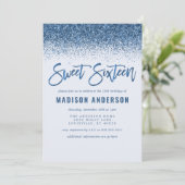 Modern Blue Glitter Sweet 16 Birthday Party Kaart (Staand voorkant)