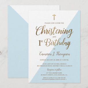 Modern Blue Gold 1st Birthday Christening Kaart