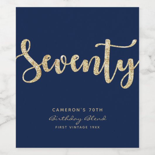 Modern Blue & Gold 70th Birthday, op maat gemaakt Wijn Etiket (Enkel label)