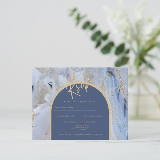 Modern Blue Gold Agate Marble Arch Wedding Briefkaart (Staand voorkant)