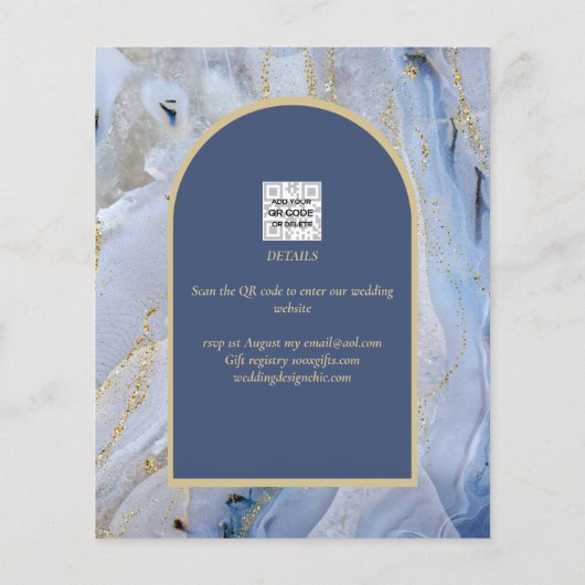 Modern Blue Gold Agate Marble Arch Wedding Flyer (Achterkant)