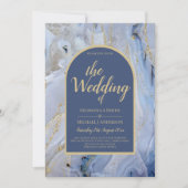 Modern Blue Gold Agate Marble Arch Wedding Kaart (Voorkant)