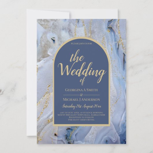 Modern Blue Gold Agate Marble Arch Wedding Kaart (Voorkant)