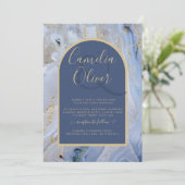 Modern Blue Gold Agate Marble Arch Wedding Kaart (Staand voorkant)