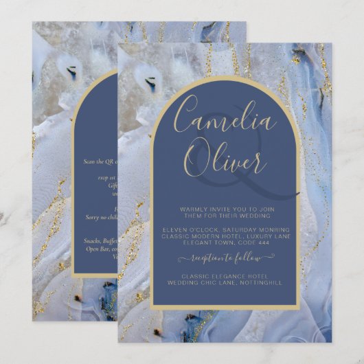 Modern Blue Gold Agate Marble Arch Wedding Kaart (Voorkant / Achterkant)
