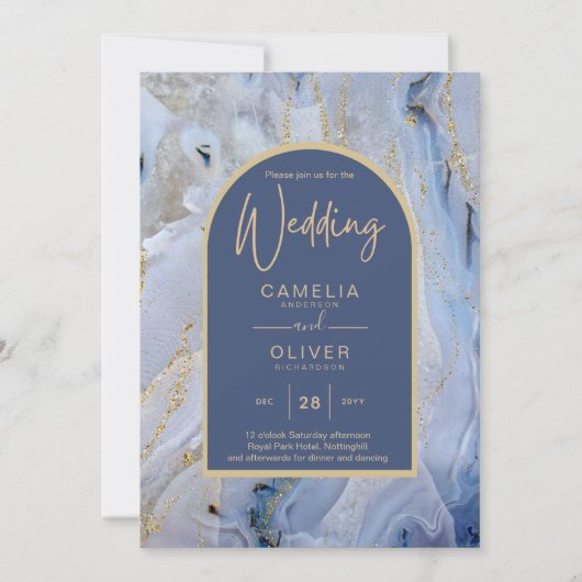 Modern Blue Gold Agate Marble Arch Wedding Kaart (Voorkant)