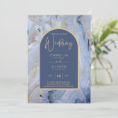 Modern Blue Gold Agate Marble Arch Wedding Kaart (Staand voorkant)
