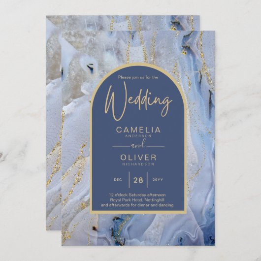 Modern Blue Gold Agate Marble Arch Wedding Kaart (Voorkant / Achterkant)