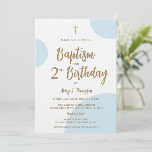 Modern Blue & Gold Baptism and Second Birthday  Kaart (Staand voorkant)