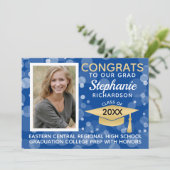 Modern Blue Gold Bokeh Bubbles Foto Afstuderen Kaart (Staand voorkant)