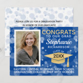 Modern Blue Gold Bokeh Bubbles Foto Afstuderen Kaart (Voorkant / Achterkant)