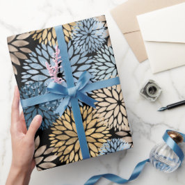 Modern Blue Gold Dahlia Floral Cadeaupapier