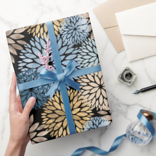 Modern Blue Gold Dahlia Floral Cadeaupapier