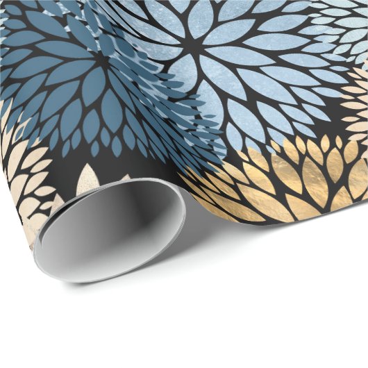 Modern Blue Gold Dahlia Floral Cadeaupapier (Rol Hoek)