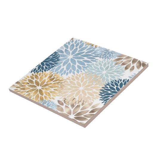 Modern Blue Gold Dahlia Floral Tegeltje (Zijkant)