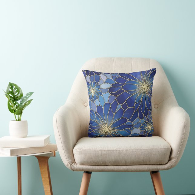 Modern Blue Gold Floral Pattern Kussen (Stoel)