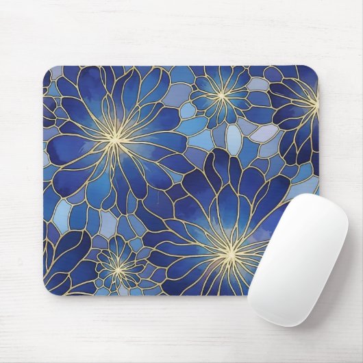 Modern Blue Gold Floral Pattern Muismat (Met muis)