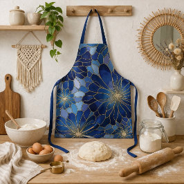 Modern Blue Gold Floral Pattern Schort
