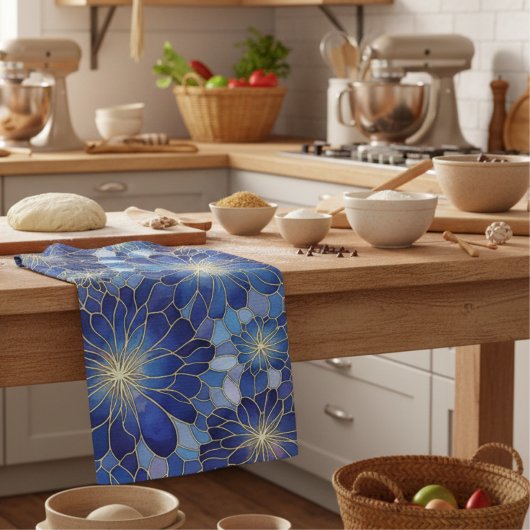 Modern Blue Gold Floral Pattern Theedoek