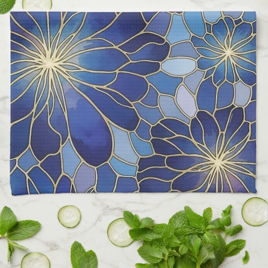 Modern Blue Gold Floral Pattern Theedoek (Gevouwen)