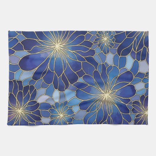 Modern Blue Gold Floral Pattern Theedoek (Horizontaal)