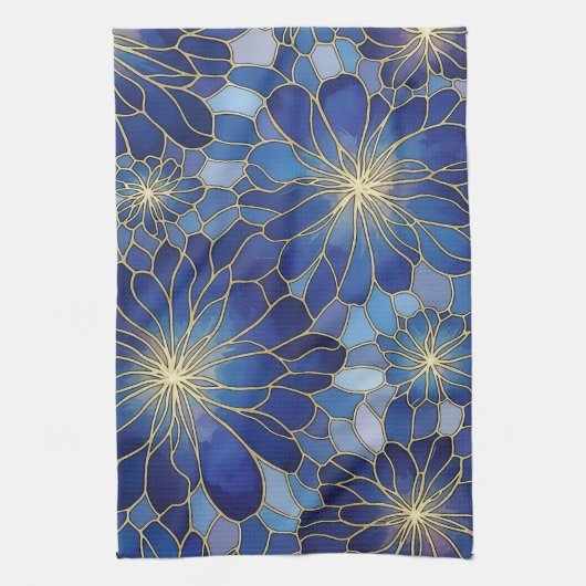 Modern Blue Gold Floral Pattern Theedoek (Verticaal)