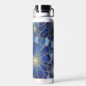 Modern Blue Gold Floral Pattern Waterfles (Achterkant)