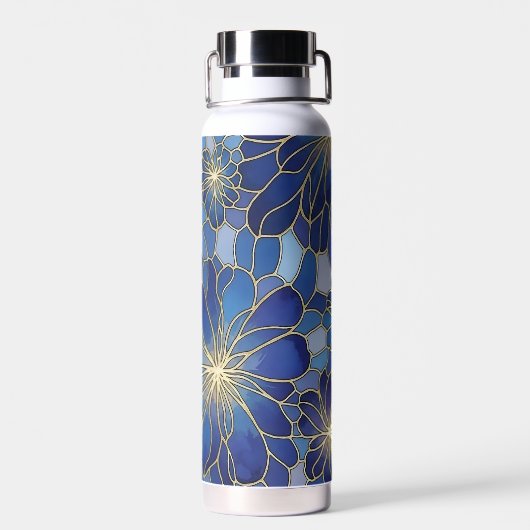 Modern Blue Gold Floral Pattern Waterfles (Achterkant)