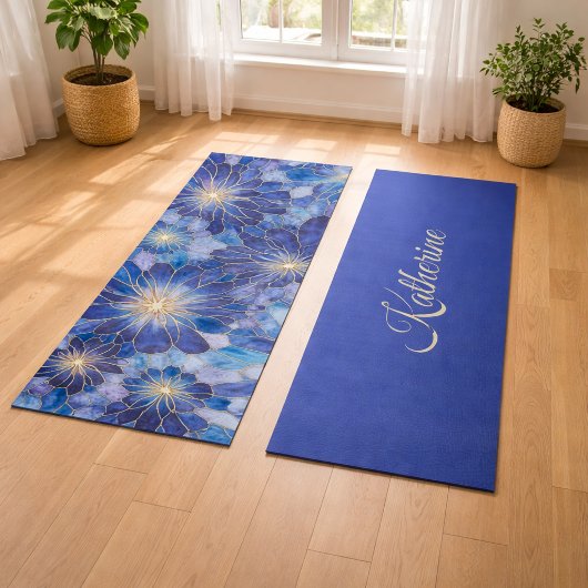 Modern Blue Gold Floral Pattern Yogamat