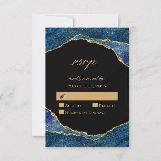 Modern Blue Gold Foil Agate Wedding RSVP Kaartje (Voorkant)