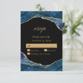 Modern Blue Gold Foil Agate Wedding RSVP Kaartje (Staand voorkant)