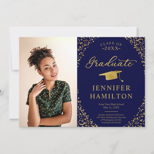 Modern Blue Gold Foto Afstuderen Aankondiging (Voorkant)