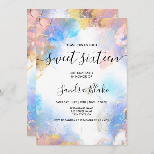 Modern Blue Gold Girly Trendy Sweet 16 Uitnodiging (Voorkant / Achterkant)