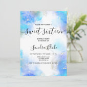 Modern Blue Gold Girly Trendy Sweet 16 Uitnodiging (Staand voorkant)