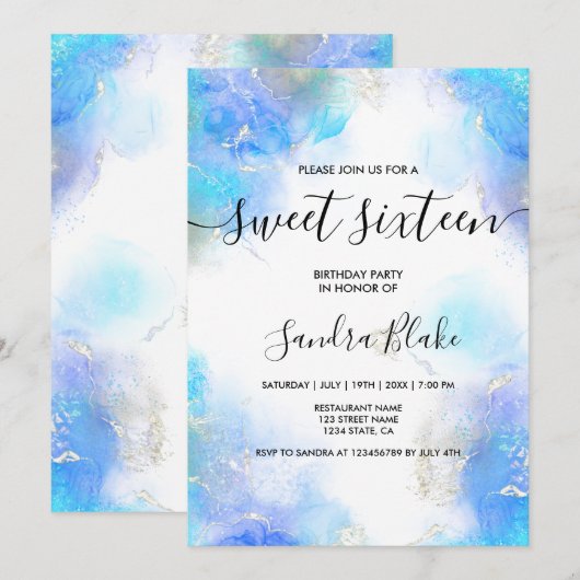 Modern Blue Gold Girly Trendy Sweet 16 Uitnodiging (Voorkant / Achterkant)