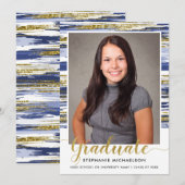 Modern Blue Gold Glitter Brush Stroke Afstuderen Aankondiging (Voorkant / Achterkant)