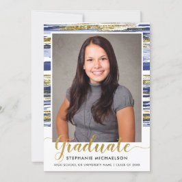 Modern Blue Gold Glitter Brush Stroke Afstuderen Aankondiging