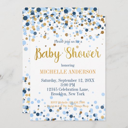 Modern Blue Gold Glitter Confetti Baby shower Kaart (Voorkant / Achterkant)